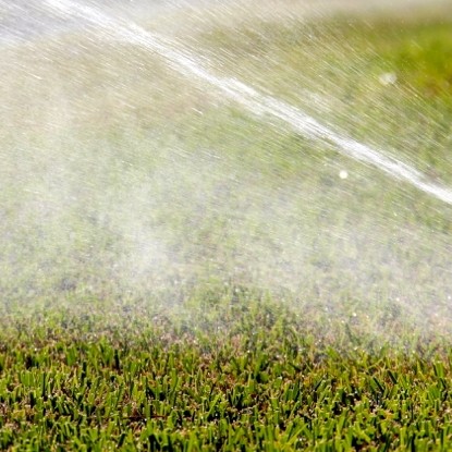 Irrigation spray over a green field