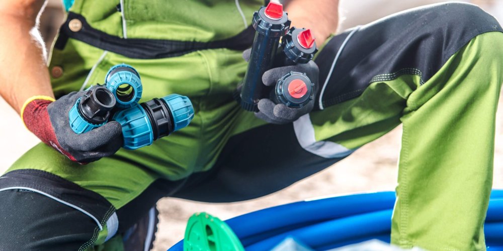 Caucasian Professional Landscaper Building Garden Irrigation System with Automatic Pressure Sprinklers, Keeping Elements in His Hands.